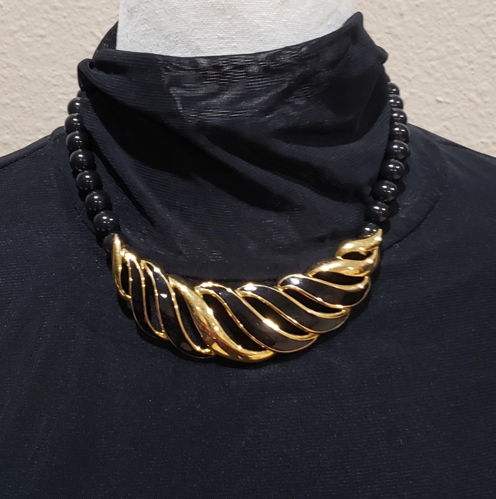 Gold and Black Twisted Necklace By MONET